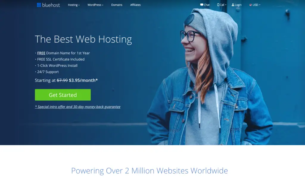 Start a blog. bluehost welcome page