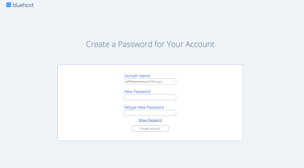 Start a blog. bluehost. create password
